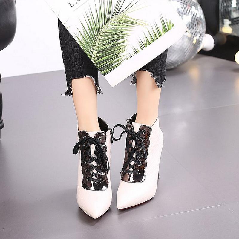 Fashion FHC 2024 New Women Naked Boots,High Heeled Autumn Shoes,Short Botas,Front Lace-up,Pointed Toe,34-39,Black,Green,Dropship
