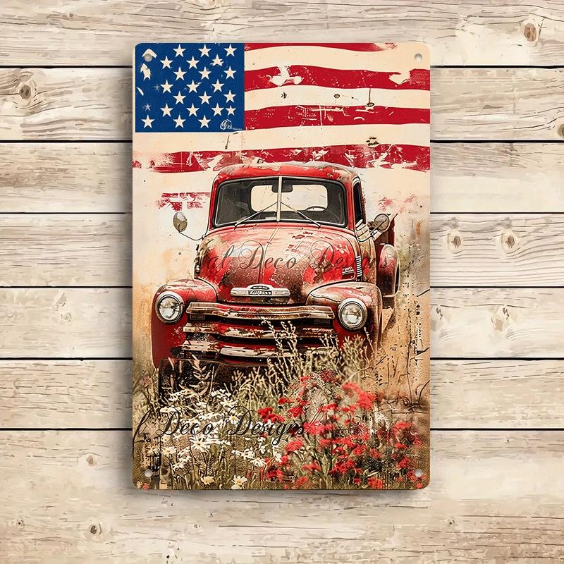 1 piece: Vintage American red truck tinplate painting with American flag background, nostalgic car decorative painting, living r