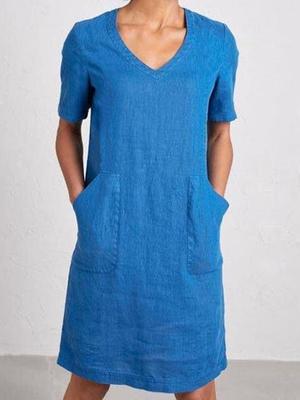 Women's Cotton Linen Shirt Dress Summer Short Sleeve V Neck Midi Dress Casual Dress with Pockets