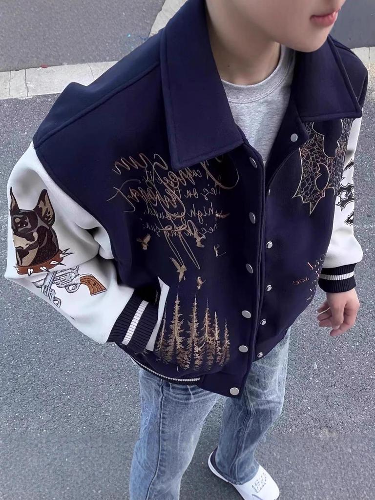 Unisex Guochao Letter Embroidery Baseball Jacket - Spring & Autumn High Street Style