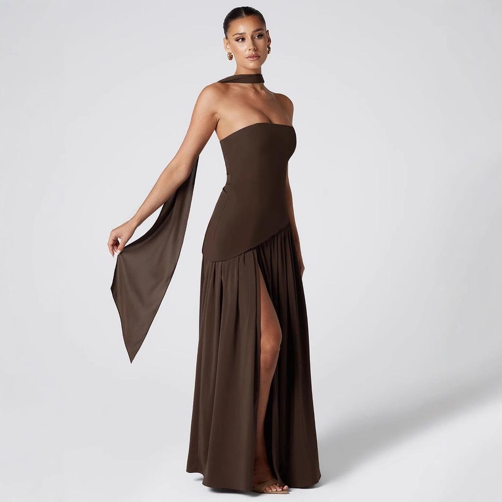 New European And American Sexy Diagonal Splicing Tube Top Dress Dress Women'S Long Skirt Pleated Tube Top