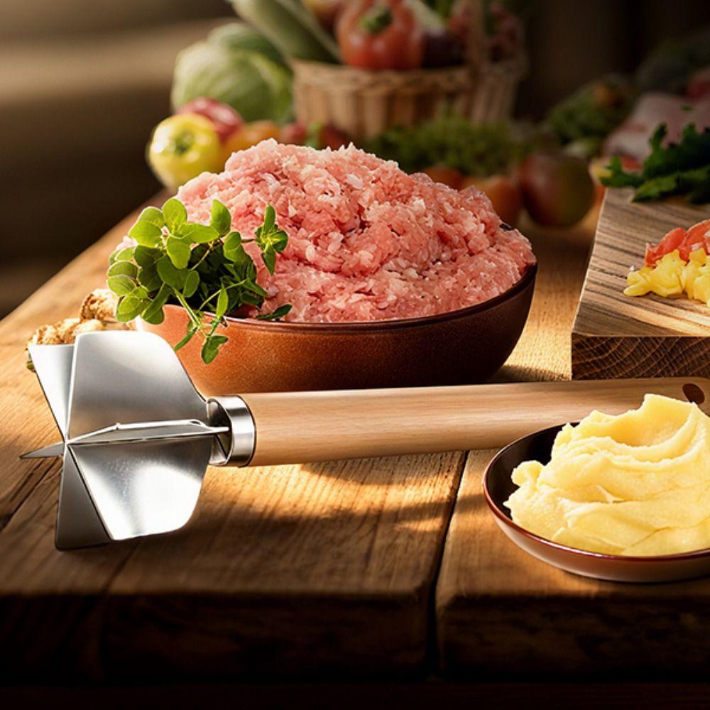 Kitchen Gadgets Stainless Steel Meat Chopper Manual Handheld Potato Masher Wood Handle Meat Stirrer Avocado
