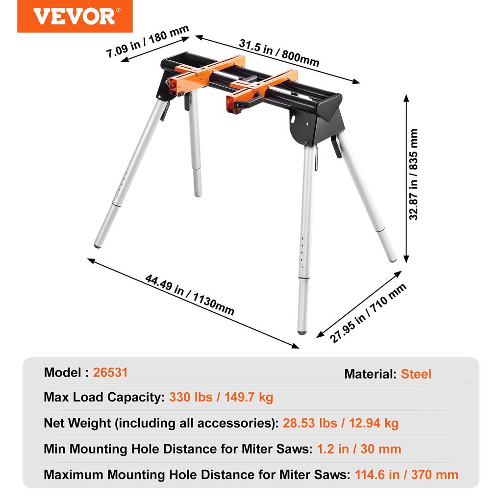 VEVOR Miter Saw Stand, 330lbs Load Capacity Steel Collapsible Stand for Miter Saw with One-piece Mounting Brackets Clamps