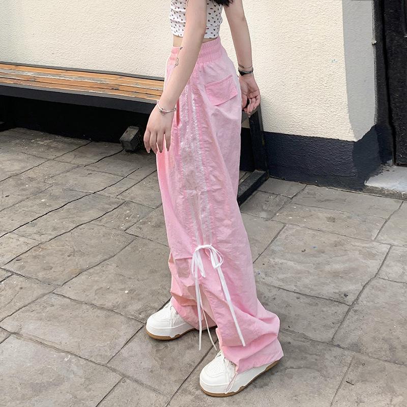 Spring and Summer Striped Splicing Lacing Solid Colour High Waist Commuter Casual Slim Women's Pants