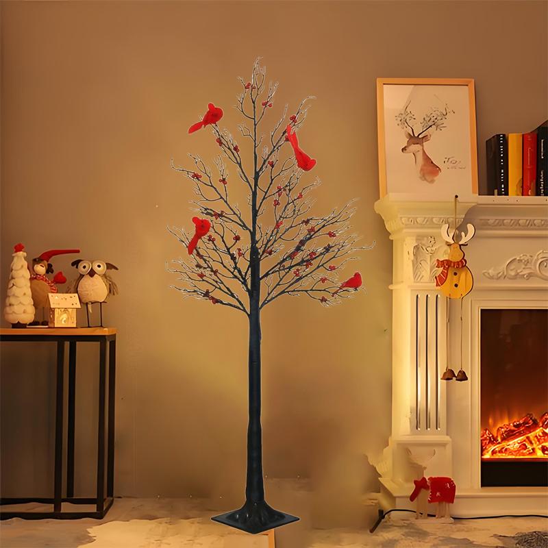 Vintage Glowing Tree With Cardinals, Trees With Cardinals, Little Red Bird Trees Light, Christmas Tree With Berries