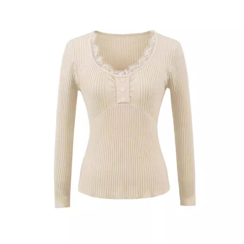 Pure Desire Lace Patchwork V-neck Knitted Sweater for Women's Autumn and Winter New Fitted Long-sleeved Base Layer, High-end Top