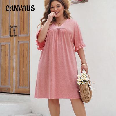 Summer Women's Dress Plus Size Solid Colour Swing Loose Dresses V-Neck Casual Dresses