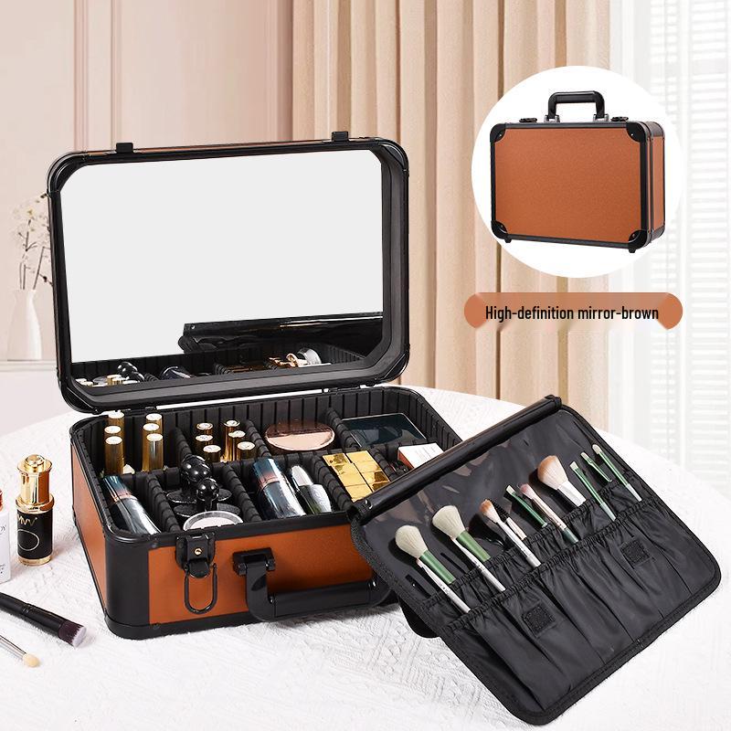 Portable Makeup Case with Mirror & Lights, Handheld Cosmetic Storage, Professional Makeup Artist's Hanging Suitcase.
