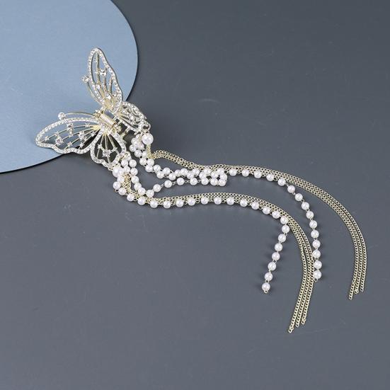 Women Hair Clip Butterflies Shape Long Tassel Hollow Out Rhinestone Faux Pearl Hair Decoration Photograph Prop Anti-slip Bride Lady