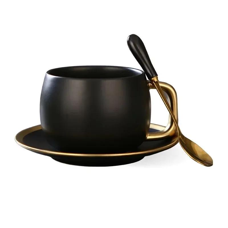 280ml Luxury Black Gold Marble Ceramic Coffee Cup Concentrated Tea Juice Breakfast Milk Cup with Plate Spoon Set Tea Set