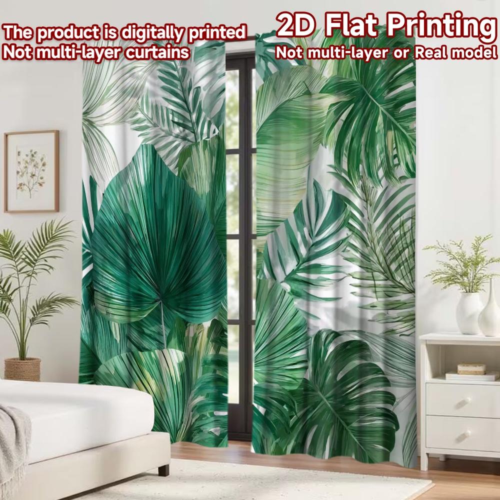 2D Flat Printing 2pcs Curtain Window Treatment Curtains Green Tropical Leaves Digital Printed Polyester Drapes Festive Holiday