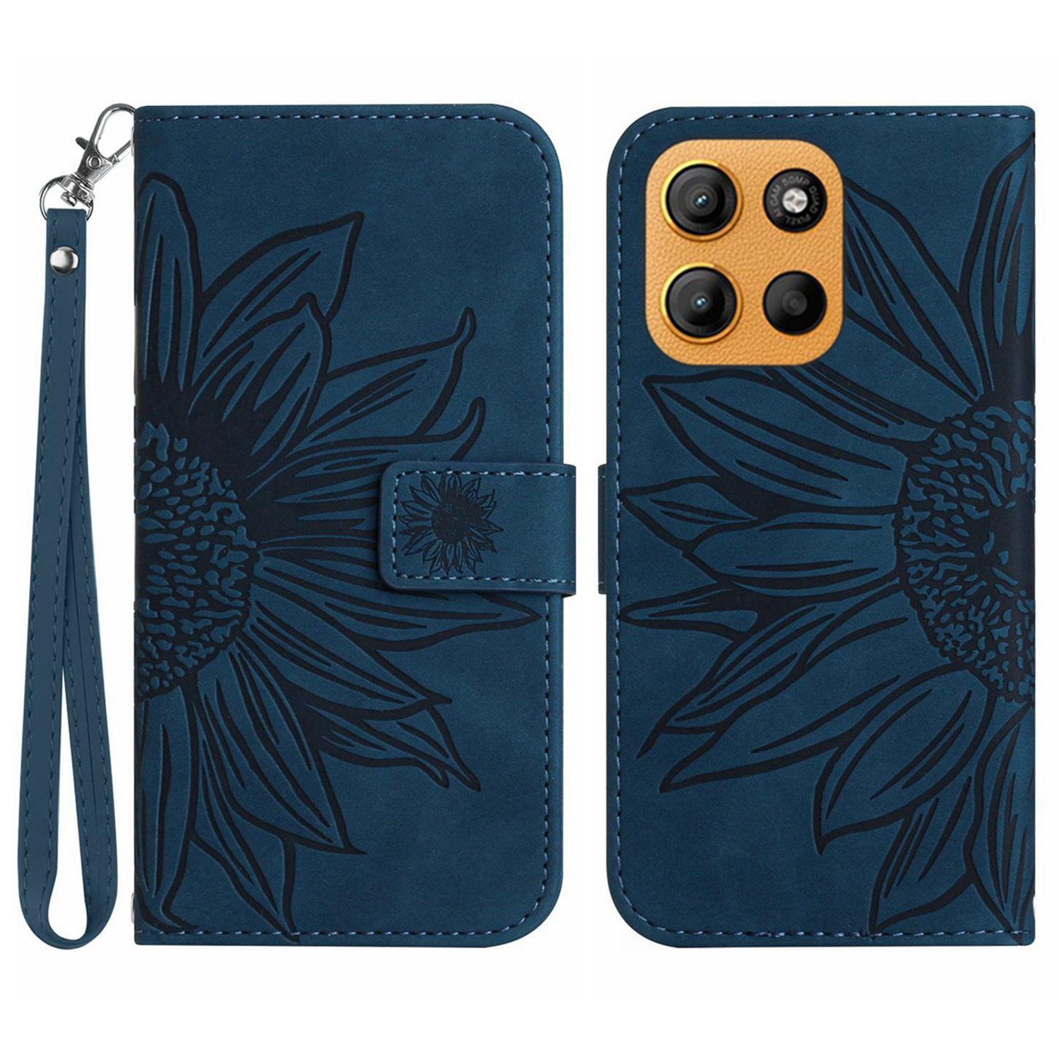 

For Motorola Moto G15 4G Case Sunflower Imprint Leather Wallet Phone Cover with Wrist Strap D