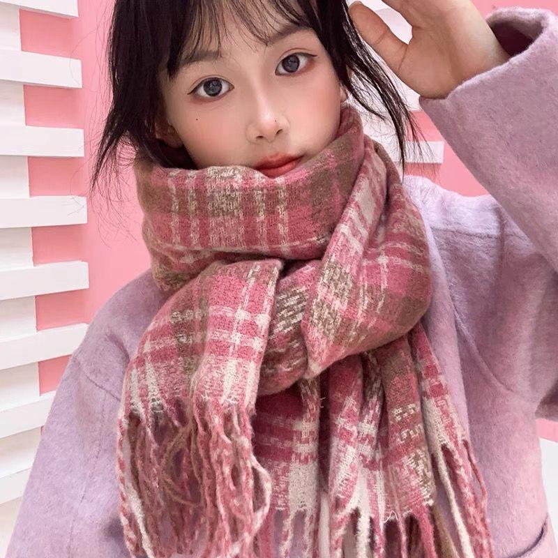 New dry rose pink plaid scarf female Korean atmosphere warm winter white soft fringed shawl scarf tide