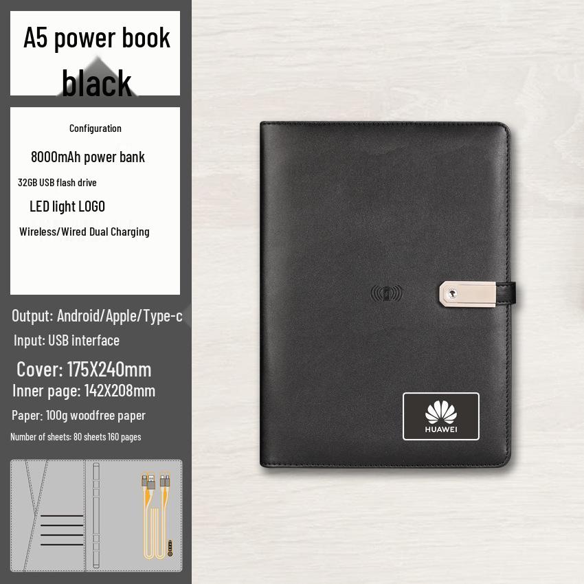 A5 Multi-Function Notebook Gift Set with USB & Wireless Charger - Customizable Logo Option