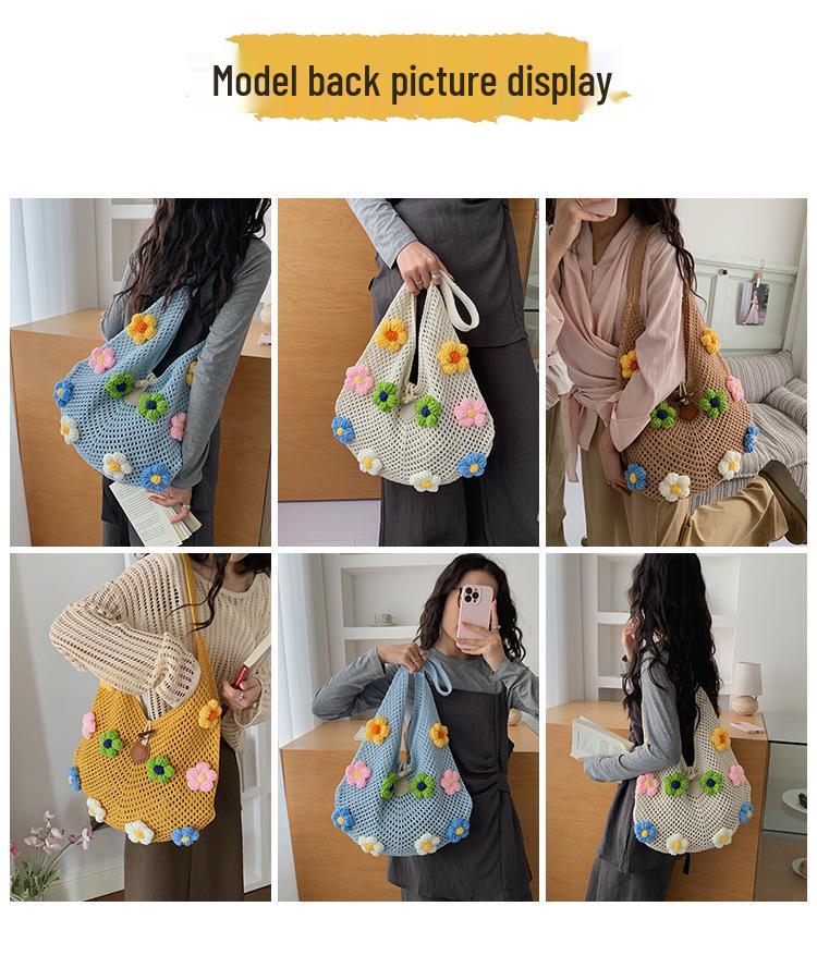 2026 Women's One-Shoulder Tote: Large Capacity, Three-Dimensional Floral Hollow Woven Design