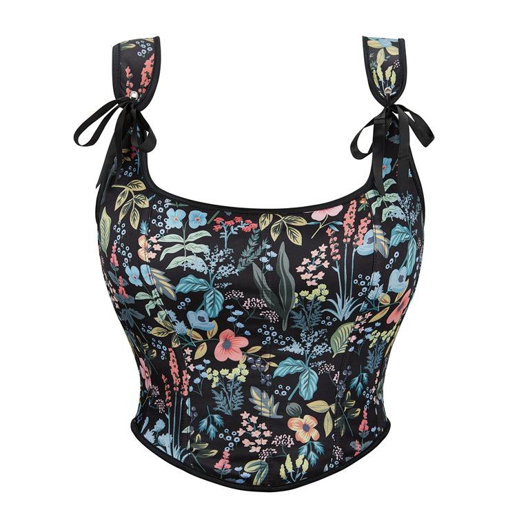 Женский strapless топ JYL TS с черным цветочным принтом, регулируемой бретелью, сборками S чёрный