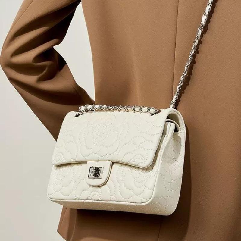 New leather small square bag camellia pattern first layer sheepskin texture chain crossbody women's bag