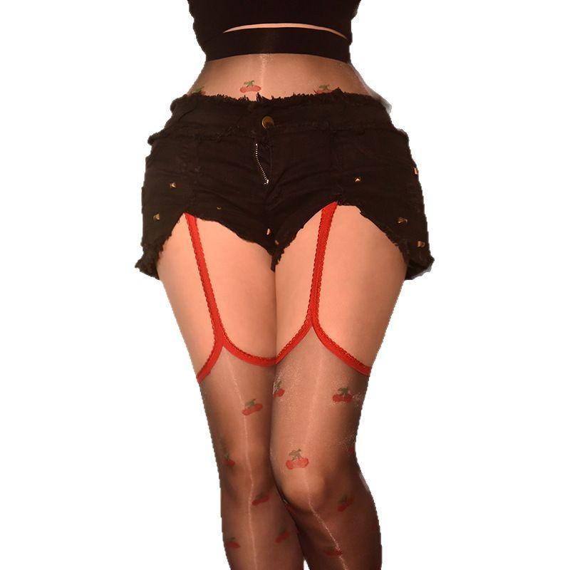 Aurora Heart Shiny Garter Stockings Heart Dots Sexy Pure Desire Black Silk Stockings Smooth Open Crotch Pantyhose