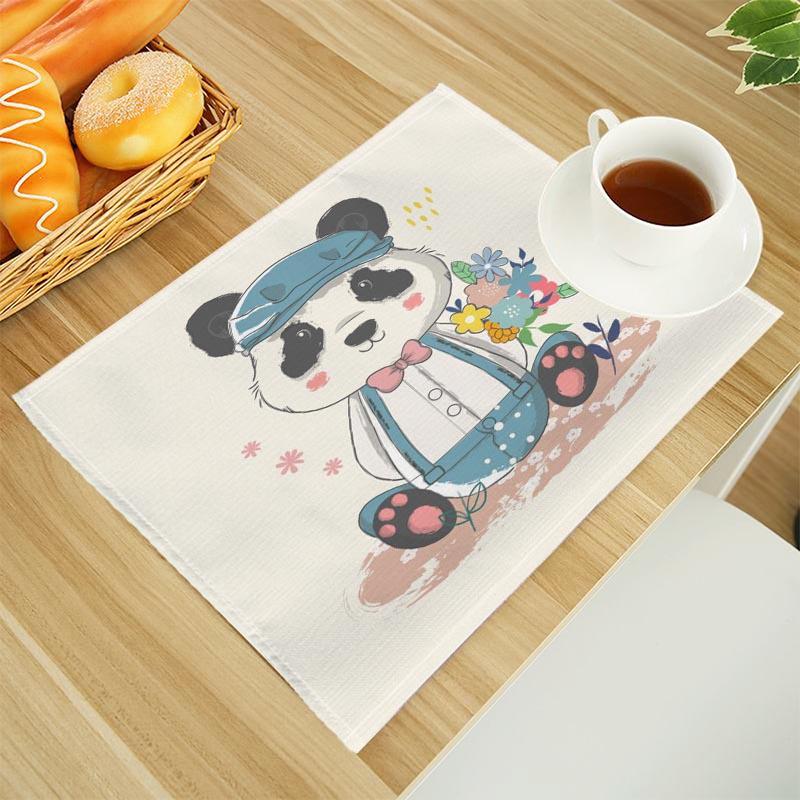Cartoon Panda Print Linen Dining Table Mats Alphabet Kitchen Placemat 30X45cm Coasters Pads Bowl Cup Mat