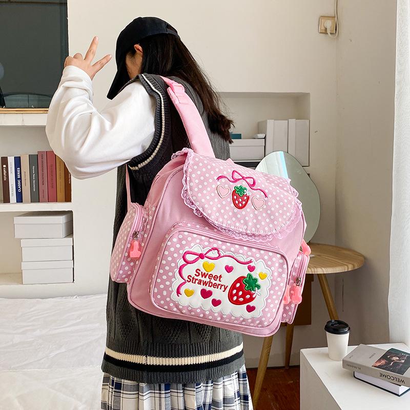 Japanese Soft Girl Cute Strawberry Embroidered Lace Backpack