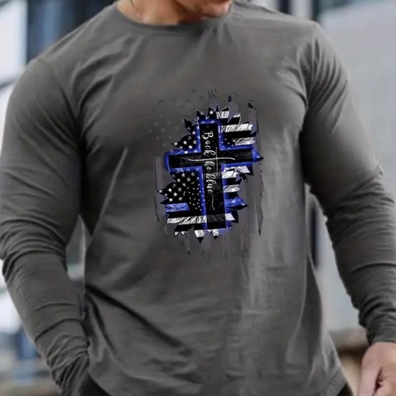 Creative Cross Print Men's Tshirts Long Sleeve Tees Round Neck Casual Pullover Men's Clothing Plus Size