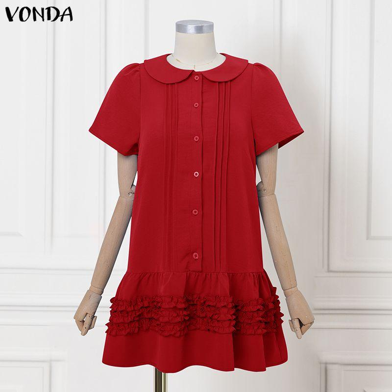 

VONDA Женское повседневное мини-платье с лацканами, короткими рукавами, оборками и плиссировкой 4XL красный