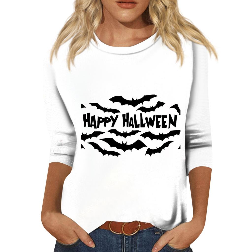 Women's Fashion Casual Round Neck Three-quarter Sleeve Halloween Printed T-shirt Top