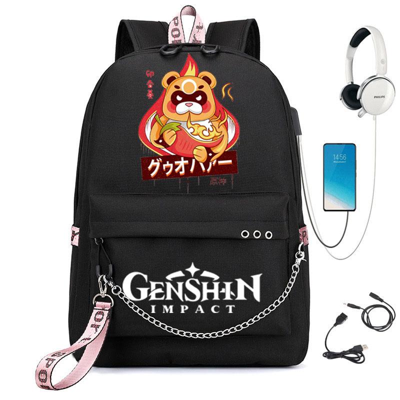 Classic Novelty Genshin Impact USB Student School Bags Unisex Print Oxford Waterproof Notebook multifunction Travel Backpacks коричневый