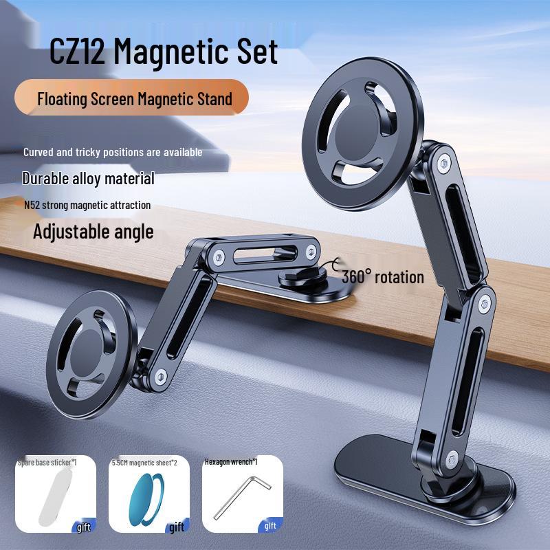 Magnetic Car Phone Holder with Long Base, Curved Dashboard Design, and Foldable Metal Stand