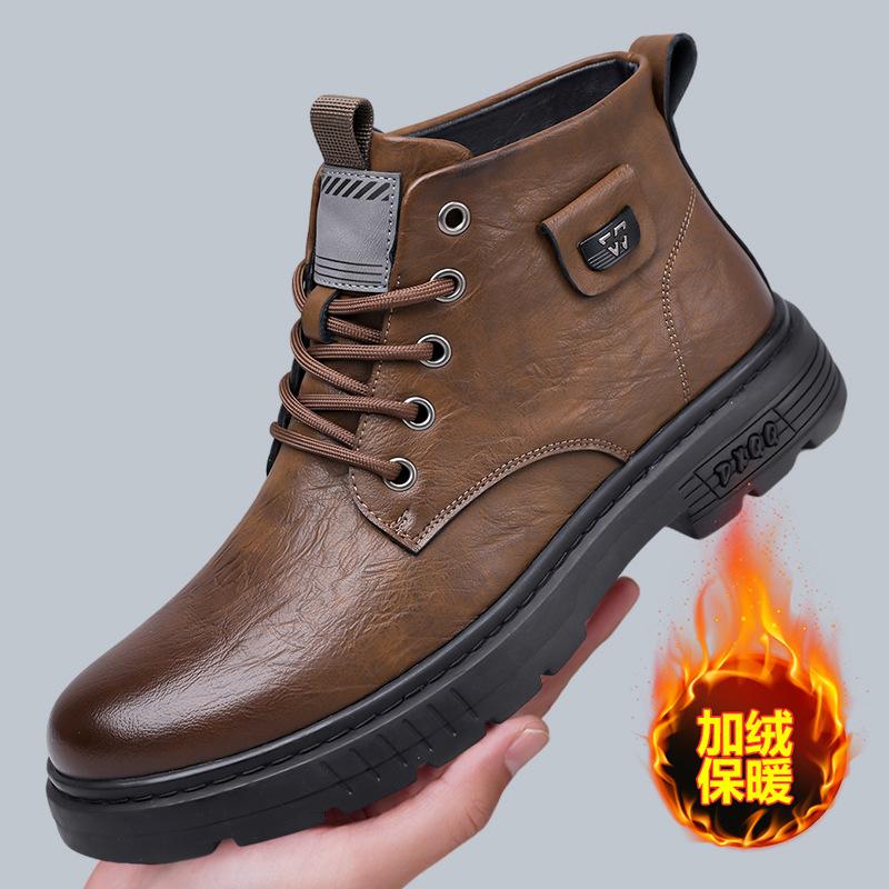 Autumn Winter New Designer Ankle Boots for Men Fleece Keep Warm Leather Boots for Men Fashion Casual Lace Platform Shoes Man