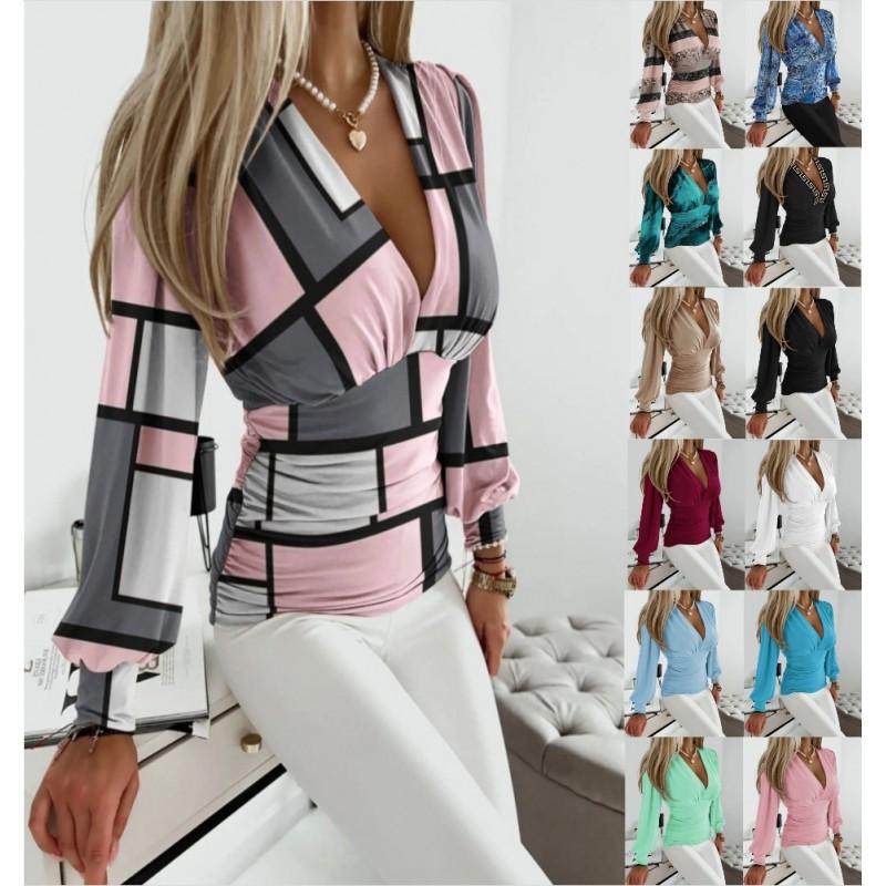 Womens Long Sleeve V-Neck Printed Blouse - Abstract Lightweight Stretch Cotton Blend Office Chic Casual Wear