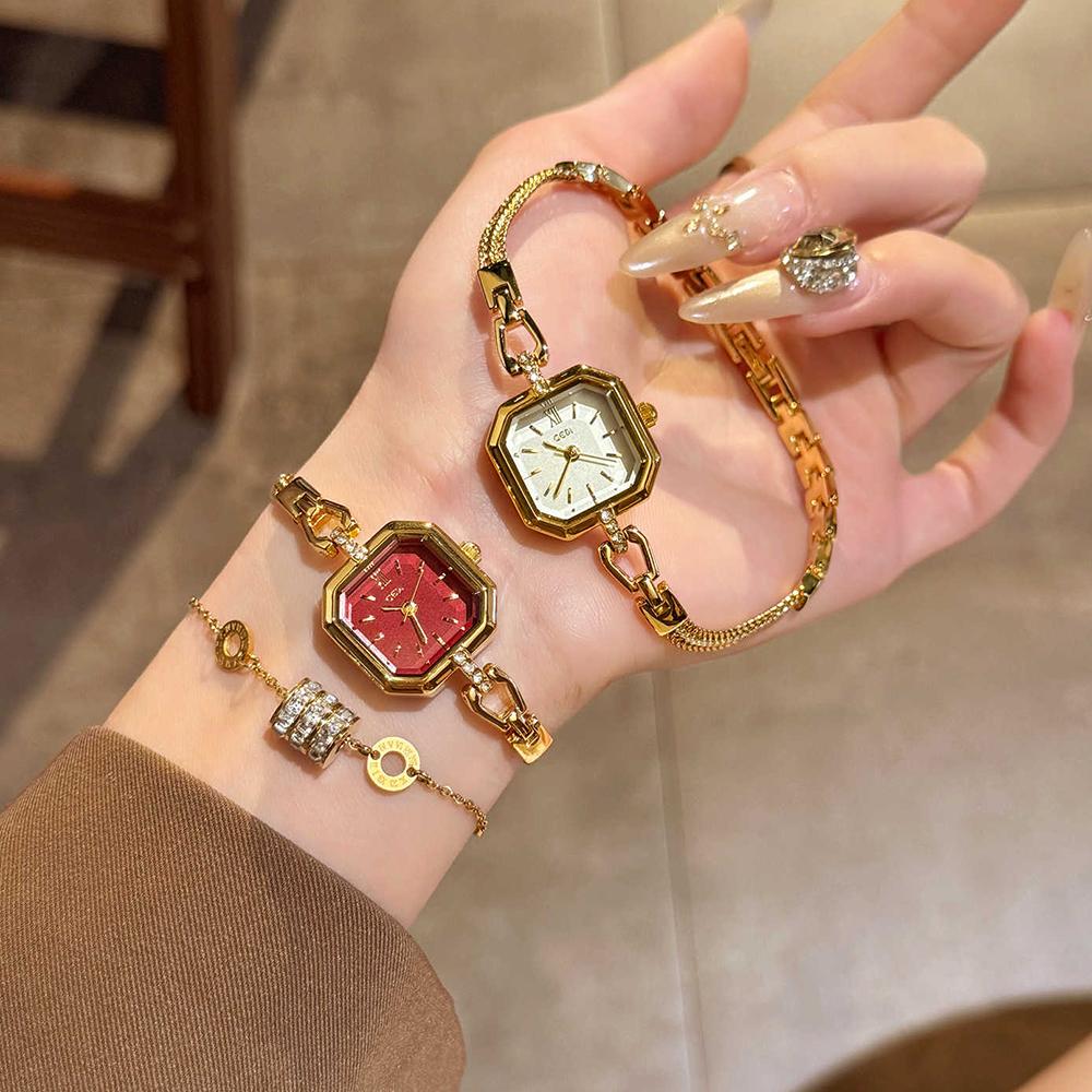 GEDI New Luxury Watches For Woman Red Dial Square Women'S Quartz Wrist Watch Elegant Gold Bracelet Fashionable Wristwatch