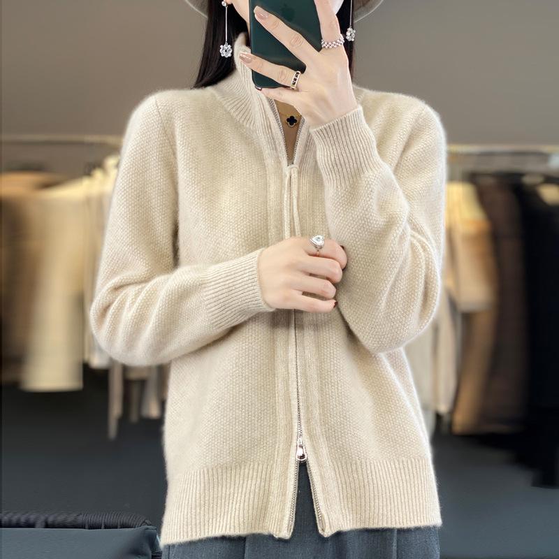 Women's Wool Double Zipper High Collar Cardigan - Long Sleeve, Loose Fit, Solid Color.