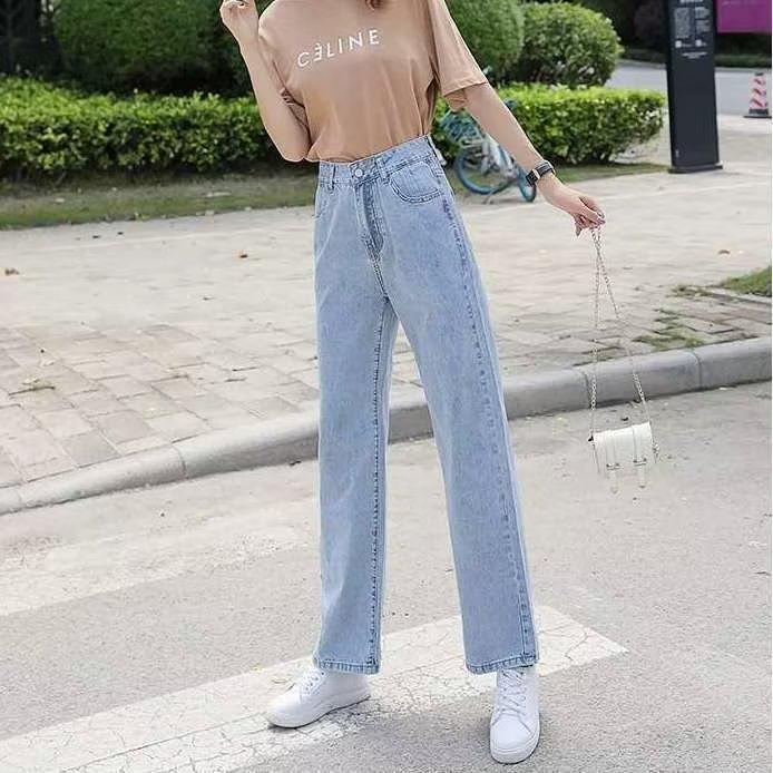 

Светло-голубые прямые джинсы с высокой талией для студенток больших размеров, свободный и облегающий крой, идеально подходят для весны и осени. XL светло-синий