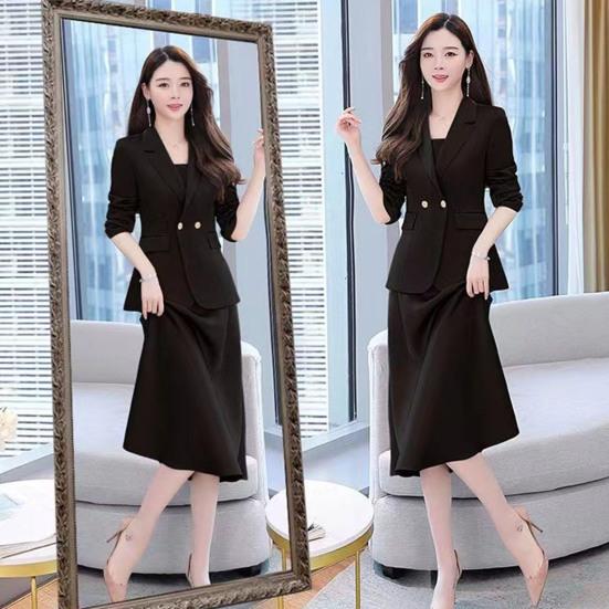 2Pcs/Set Women Outfit Commute Trendy Comfortable Mid-length Light Luxury Streetwear Sling Spring Coat Dress Spring Clothing