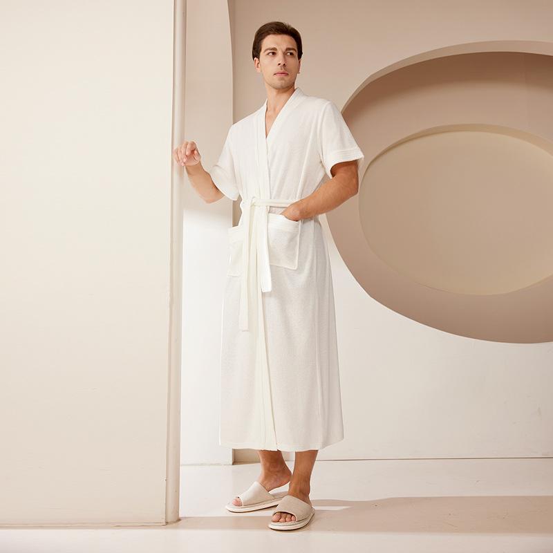 

Мужской весенне-летний длинный мягкий махровый халат для пары с короткими рукавами и карманами, V-образный вырез, на шнуровке, пижамы M белый