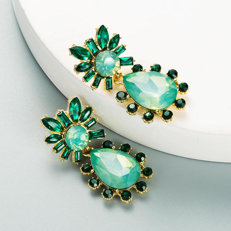 European & American Teardrop Flower Earrings: Rhinestone-Studded Alloy with Silver Studs, Colorful Fashion Jewelry for Women