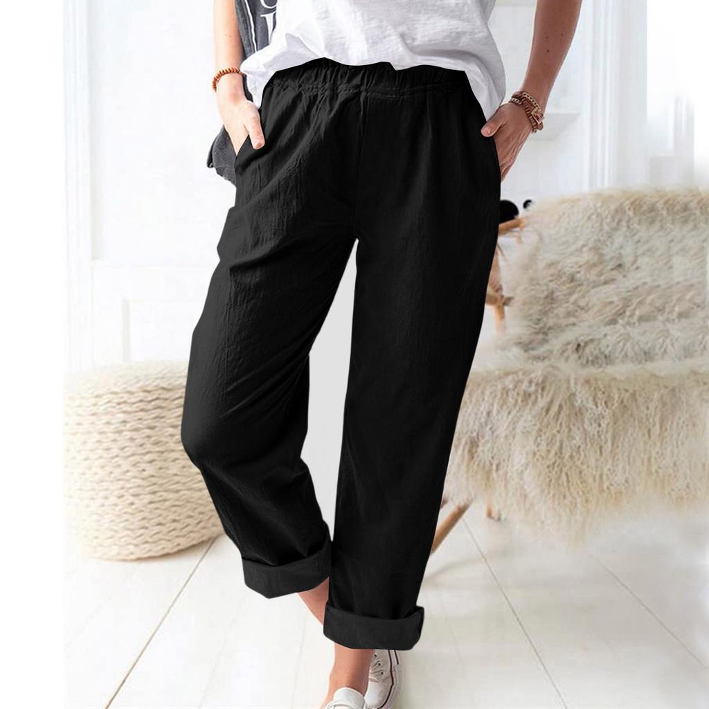 Damen Leinen Weite Hosen Elastischer Bund Lässige Lockere Hosen mit Taschen Leichte Alltags Hosen