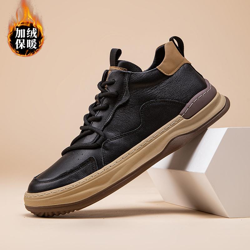 The first layer of cowhide high-top board shoes, new autumn cotton shoes, men's European station velvet men's shoes, platform sports and leisure shoes