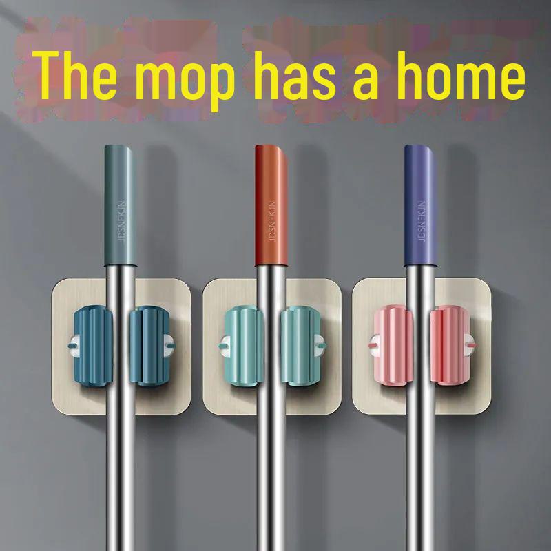 Wall-mounted Punch-Free Mop Rack for Bathroom Storage with Strong Hooks. Efficiently Hang and Store Mops.