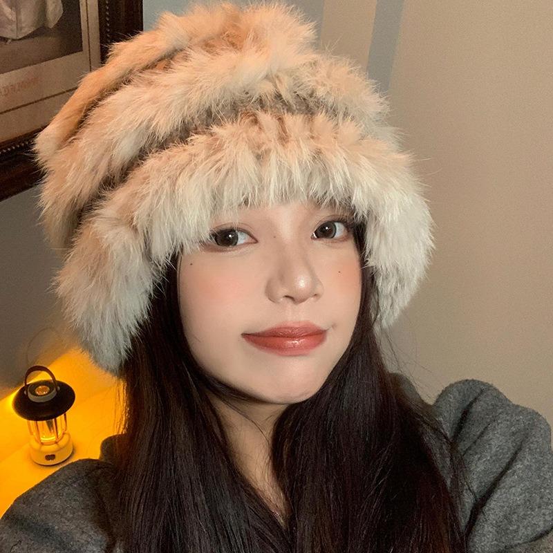Rabbit fur knitted plush hat women's autumn and winter warm plush hat big head circumference showing face small bucket hat wool hat tide
