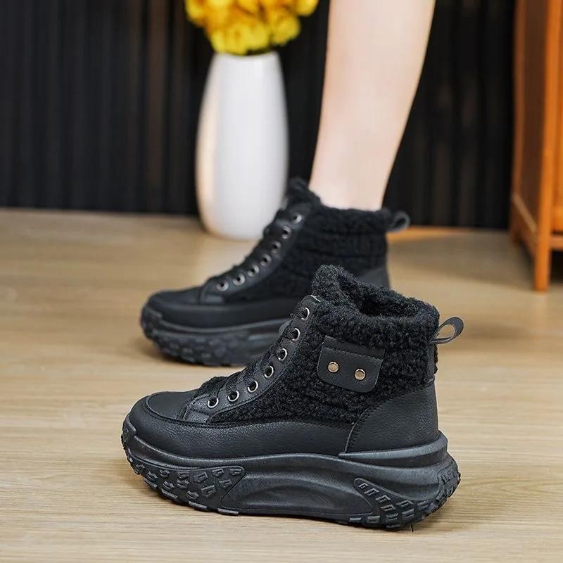 

Fashion Women Snow Boots Winter High Top Plush Warm Cotton Shoes Thick Sole Height Increasing Anti Slip Outdoor Lace Up Ankle Boots 35 чёрный