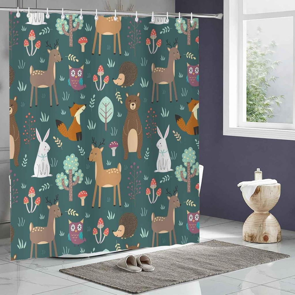 Cute Fox Bear Mushroom Floral Fabric Shower Curtain Boho Vintage Plants Nature Flowers Retro Bohemian Botanical Nature Bath