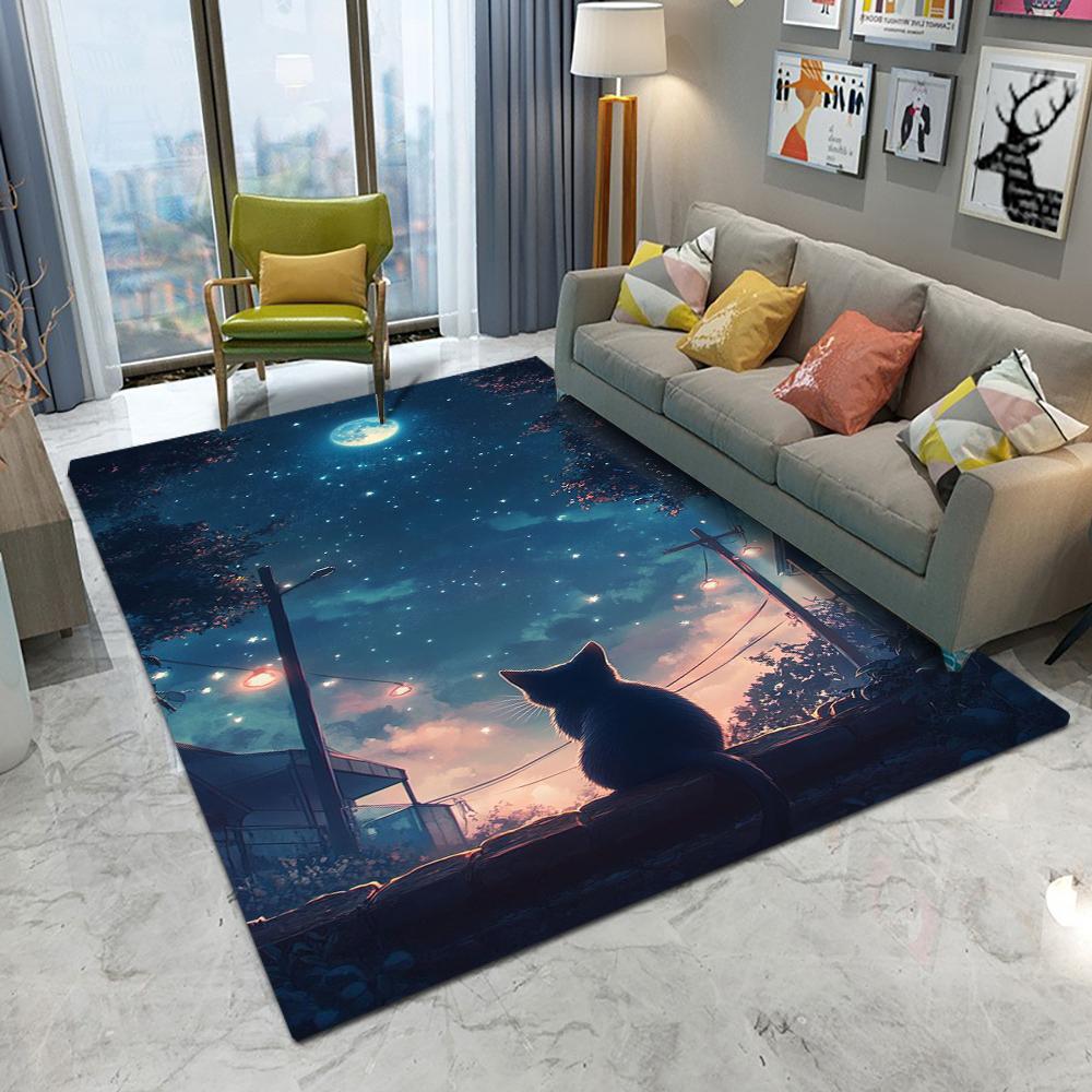 Night Scene Themed Carpet With Moon Cat Patterns Artistic Illustration Style Dreamy Elegant Non Slip Rug For Living Room Bedroom