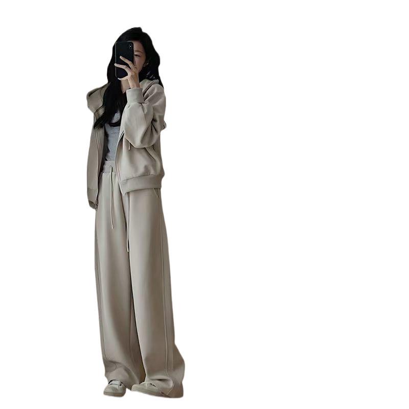 Women's Hong Kong Style Autumn-Winter Casual Sweatshirt & Wide-Leg Pants Set - Age-Reducing, Slimming, Hooded Two-Piece for Running