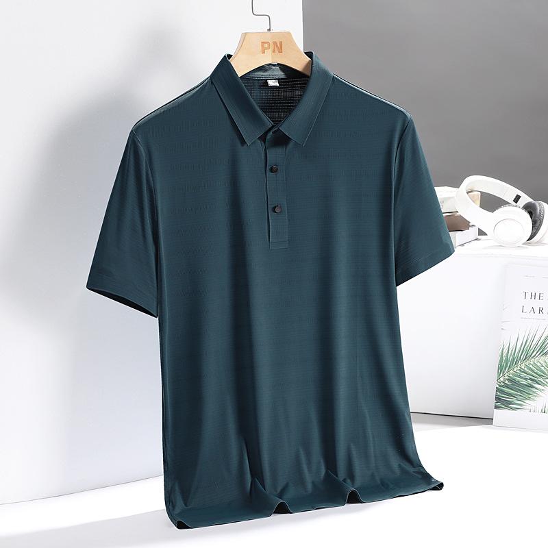 Ice Silk Polo Shirt Summer Stripe Solid Simple Top Loose Casual Short Sleeve T-shirt