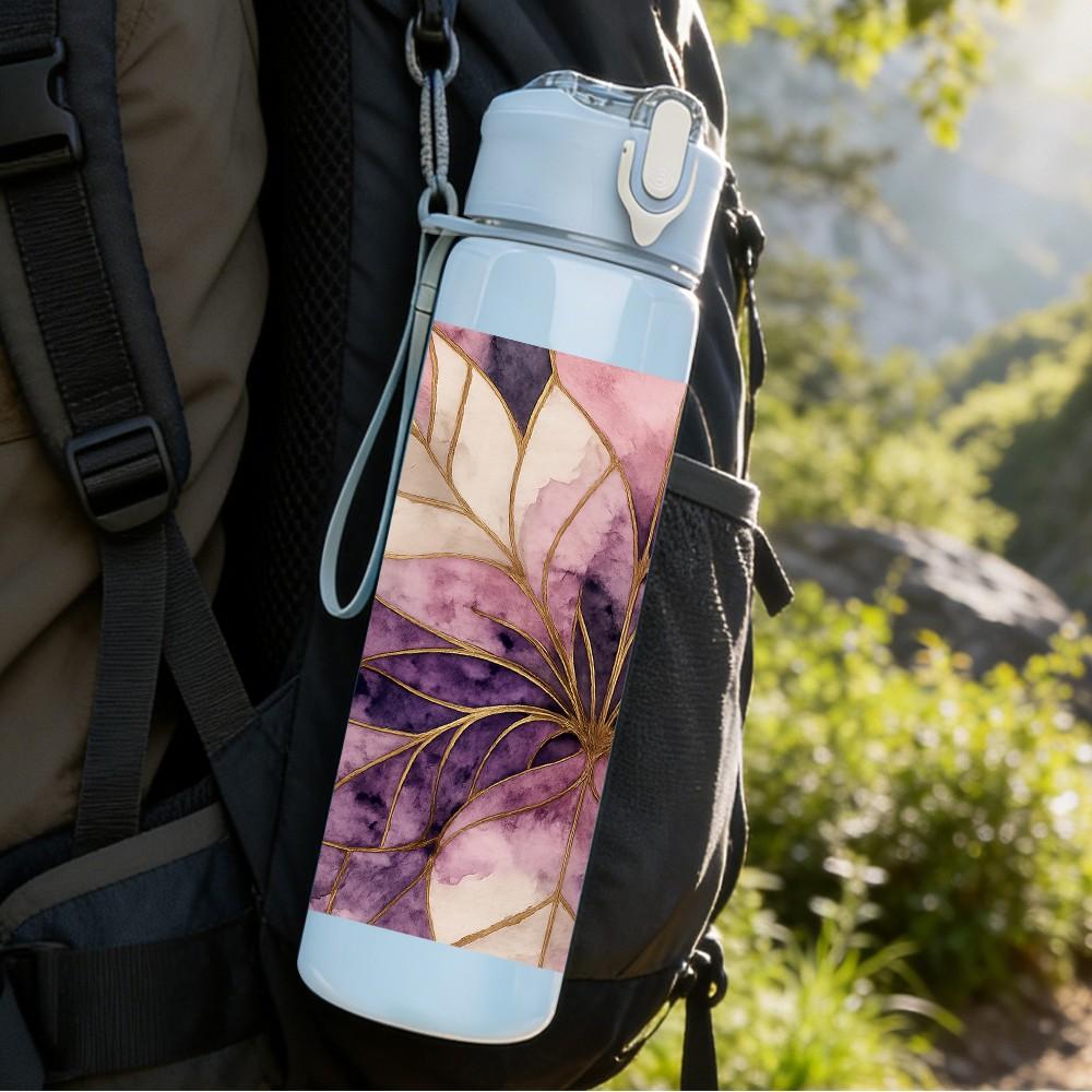 1PC Dried Purple Flower Bouquet Print 750ml Color Plastic Sports Water Bottle Leakproof Flip Straw Lid Suitable for Sports Office Home Use