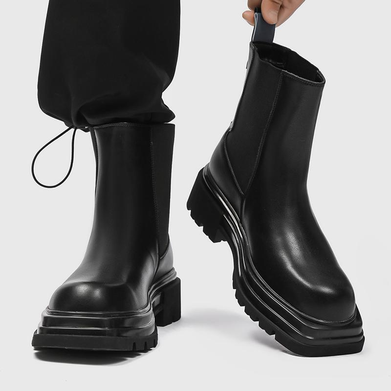 Fashion Mens Casual Chelsea Boots Designer Square Toe Shoes Cowboy Genuine Leather Boot Stage Nigthclub Platform Motorcycle Botas