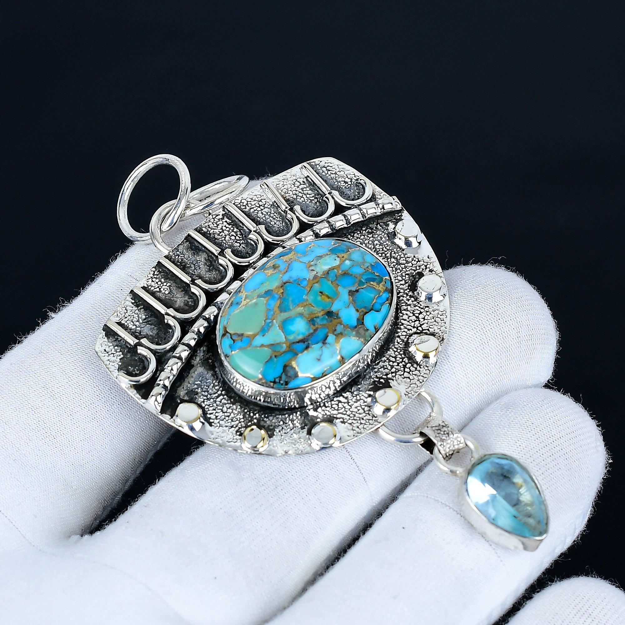 

Blue Spiny Turquoise Pendant, 925 Sterling Silver Handmade Jewelry, Blue Topaz Silver Pendant, Party Wear Jewelry For Women s, Pendant For Gift 7 Cm синий