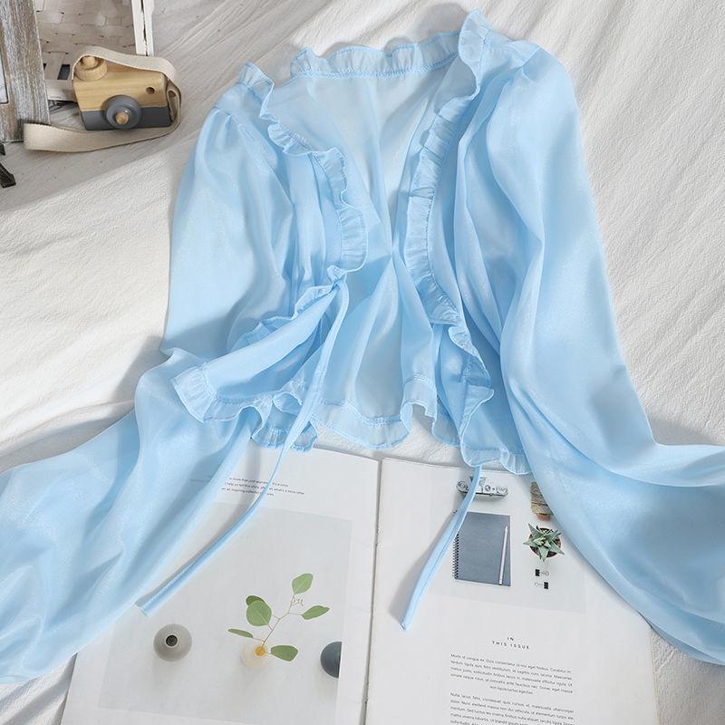 Women Summer Sun Protection Coat Lace Bow Ruffle Cardigan Shirt Female Blouse Tops for Woman Covers Blusa White Y2K